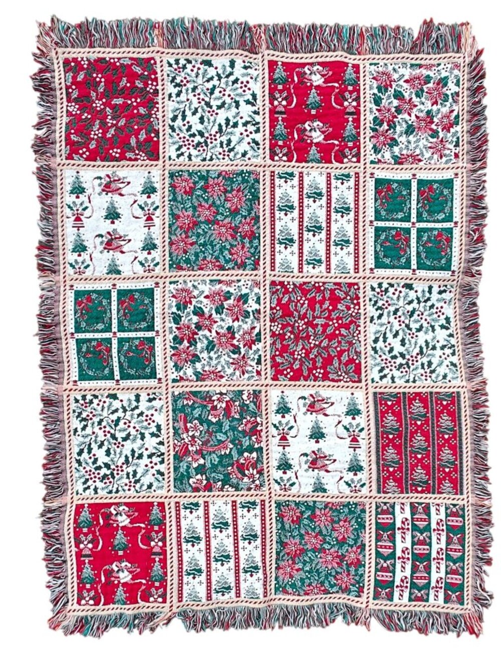 Vintage Fieldcrest Christmas Cotton Woven Throw Blanket Red Green Fringe 60"x45"